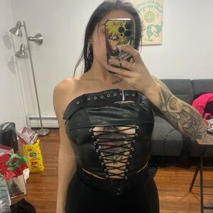 SHEIN Red and Black Faux Leather Corset Tops